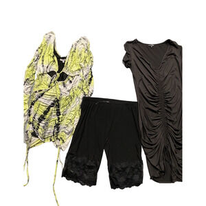 Fashion Nova Womens 3 pc 1X Lot Tie Dye Shirt, Lace Shorts, Black Mini Dress